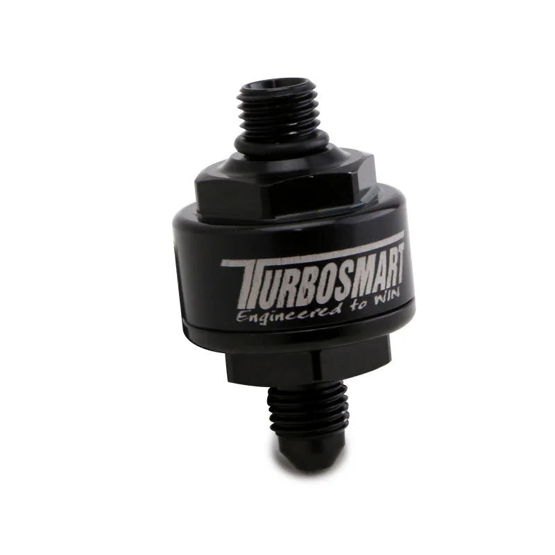 Turbosmart Billet Turbo Oil Feed Filter w/ 44 Micron Pleated Disc AN-4 Male to AN-4 ORB- Black - Main Product View