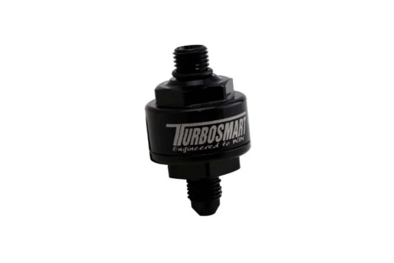 Turbosmart Billet Turbo Oil Feed Filter w/ 44 Micron Pleated Disc AN-4 Male to AN-4 ORB- Black - Side View