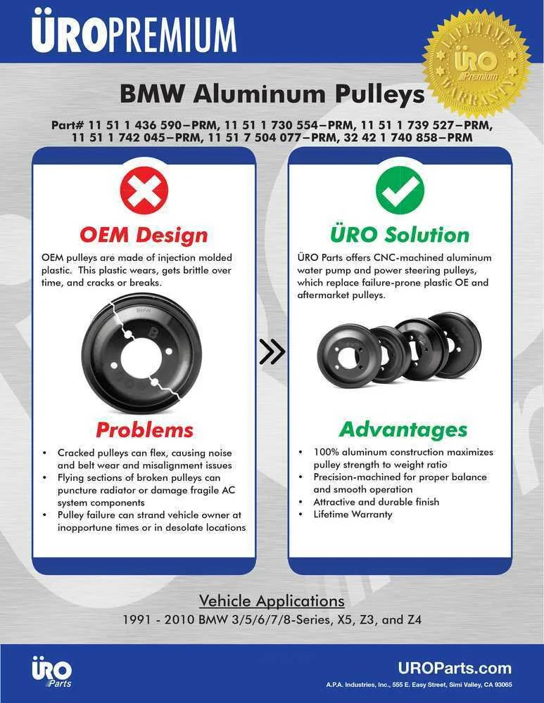 URO Parts Water Pump Pulley 11-51-1-739-527-PRM fits 1994-1999 BMW 318I / 318IS / 318TI / Z3 - Side View