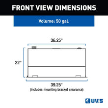 Load image into Gallery viewer, UWS 50-Gallon L-Shape Bright Aluminum Transfer Tank TT-50-L-T-P - Side View