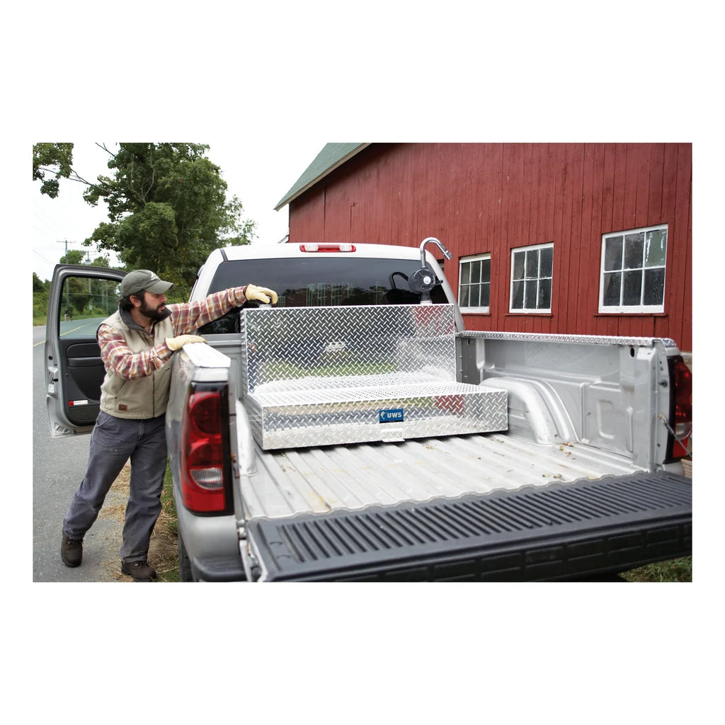 UWS 75-Gallon L-Shape Bright Aluminum Transfer Tank TT-75-L-T-P - Side View