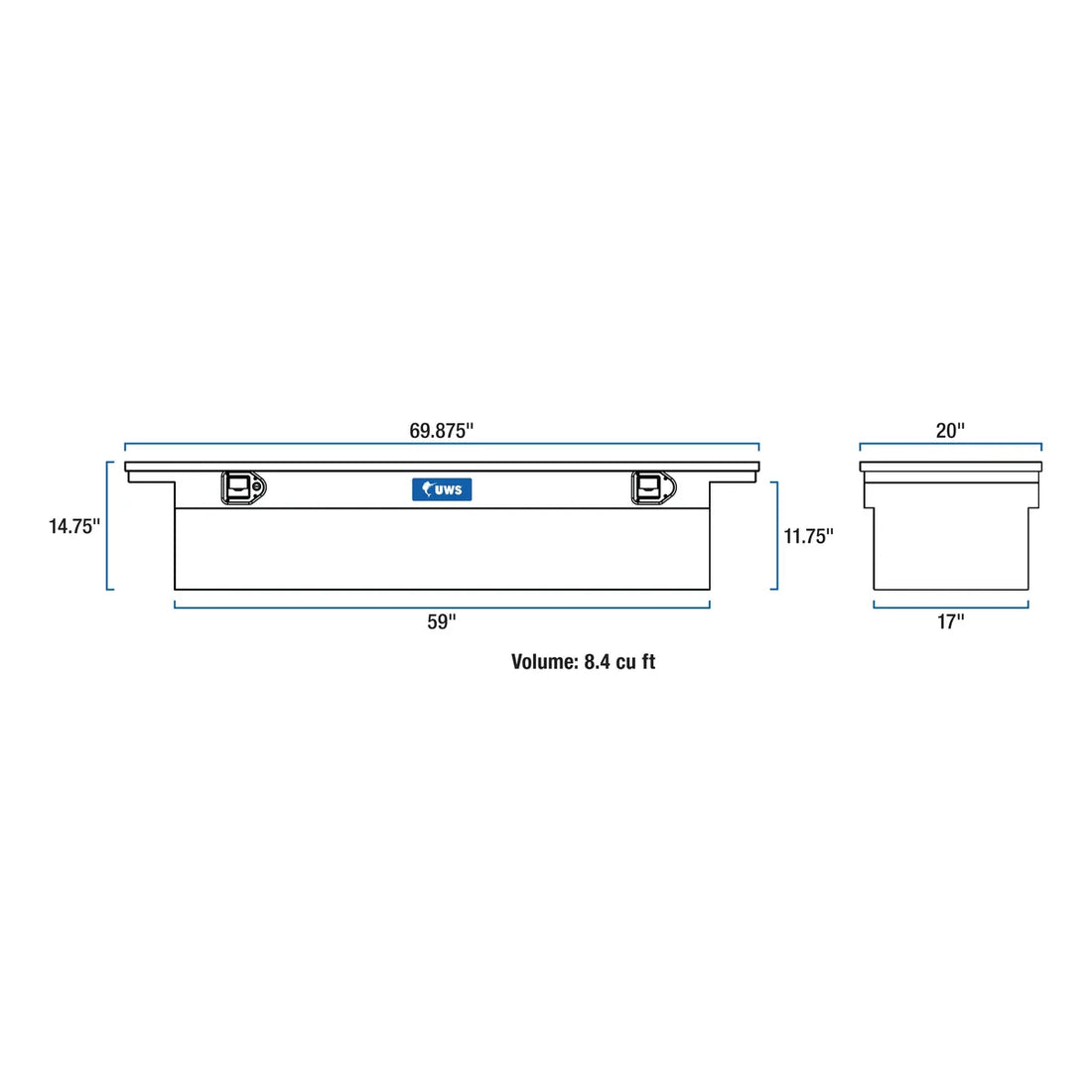 UWS Bright Aluminum 69" Crossover Truck Tool Box, Low Profile (Heavy Packaging) EC10451 - Back View