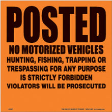 Load image into Gallery viewer, VOSS ORANGE ALUNIMUM SIGN 11 1/4" .012 GAUGE POSTED NO VEHICLES 143 NMV OA