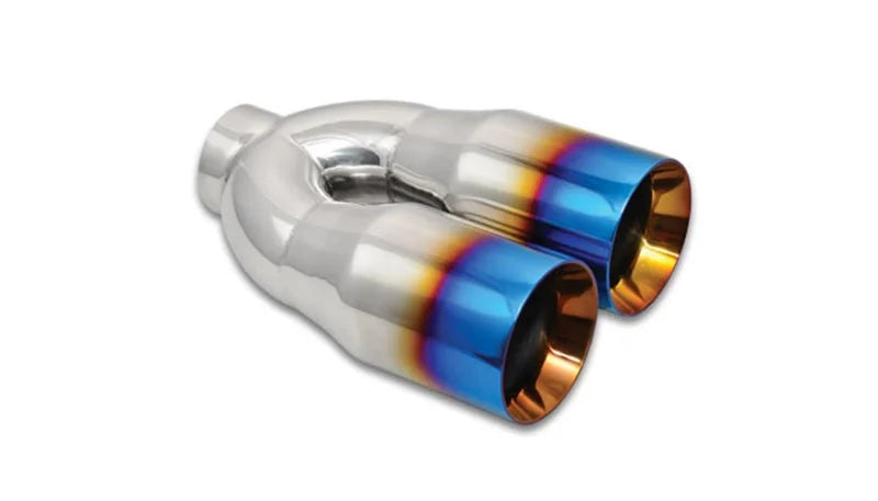 Vibrant 2.5in ID Dual 3.5in OD Round SS Tips (Double Wall, Straight Cut) with Burnt Blue Finish - Main Product View