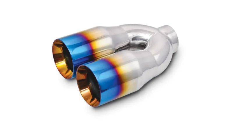 Vibrant 2.5in ID Dual 3.5in OD Round SS Tips (Double Wall, Straight Cut) with Burnt Blue Finish - Side View