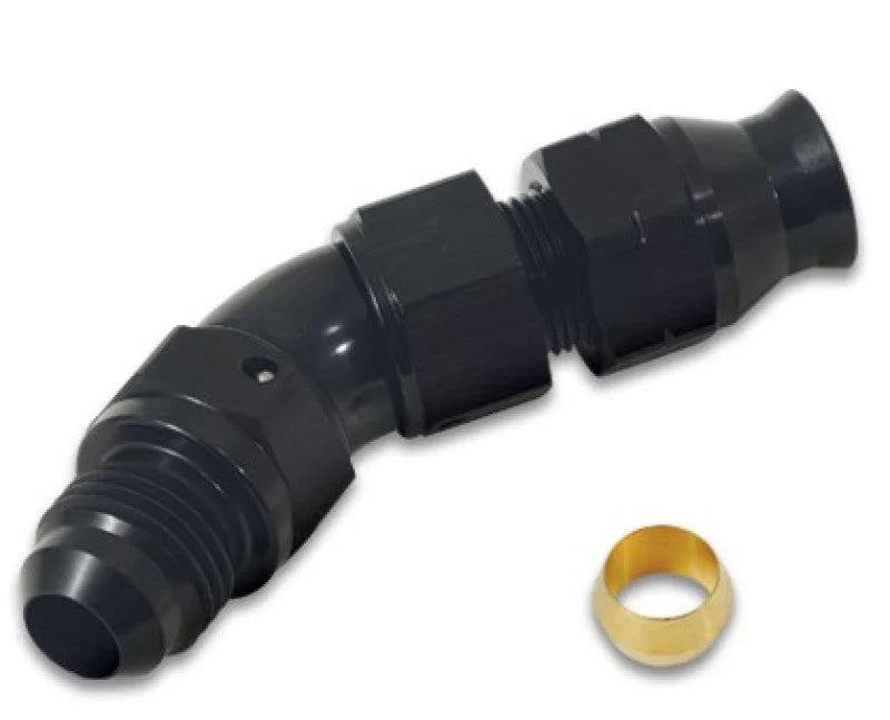 Vibrant 45 Degree 3/8in Tube to Male -6AN Flare Adapter w/ Olive Inserts - Back View