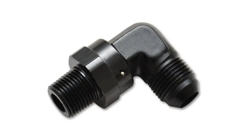 Vibrant -8AN to 1/4in NPT Male Swivel 90 Degree Adapter Fitting - Side View