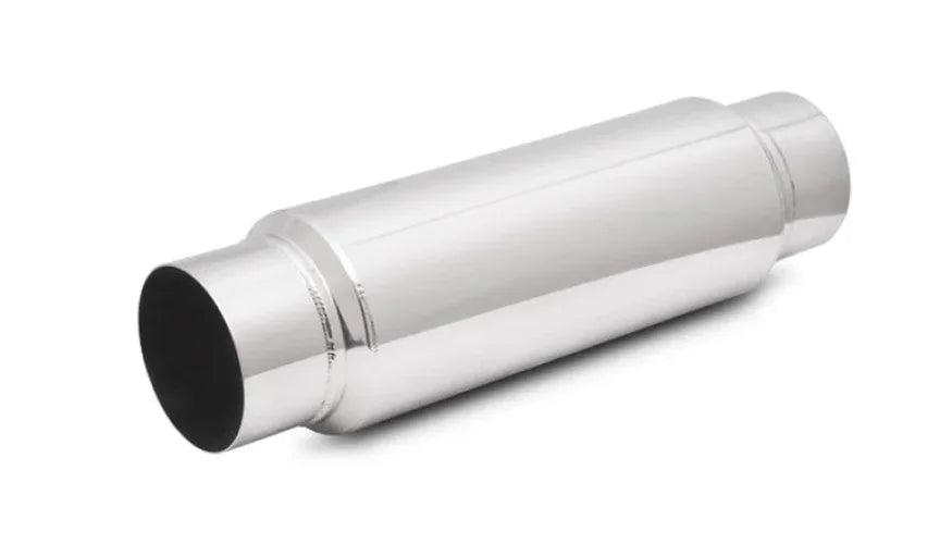 Vibrant SS Resonator (Standard Design) 2.5in inlet/outlet x 18in long w/ 5in OD resonator body - Side View