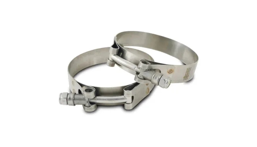 Vibrant SS T-Bolt Clamps Pack of 2 Size Range: 1.25in to 1.60in O.D. For use with 1in I.D. couplings - Side View