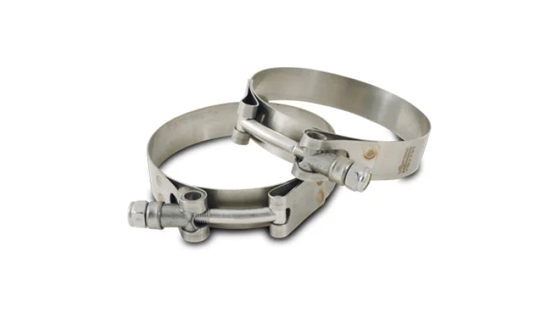 Vibrant SS T-Bolt Clamps Pack of 2 Size Range: 2.27in to 2.63in O.D. For use with 2in I.D. couplings - Side View