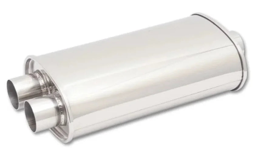 Vibrant StreetPower Oval Muffler 5in x 9in x 15in - 3in inlet/Dual Outlet (Center In - Dual Out) - Detail View