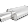 Load image into Gallery viewer, Vibrant StreetPower Turbo Oval Muffler with 4in Round Tip Angle Cut Rolled Edge - 3in inlet I.D. - Detail View
