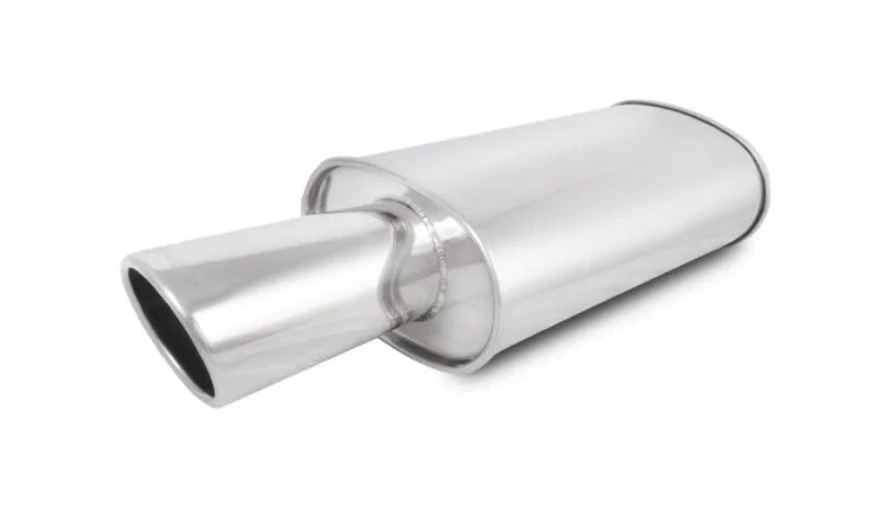 Vibrant StreetPower Turbo Oval Muffler with 4in Round Tip Angle Cut Rolled Edge - 3in inlet I.D. - Detail View