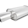 Load image into Gallery viewer, Vibrant StreetPower Turbo Oval Muffler with 4in Round Tip Angle Cut Rolled Edge - 3in inlet I.D. - Detail View