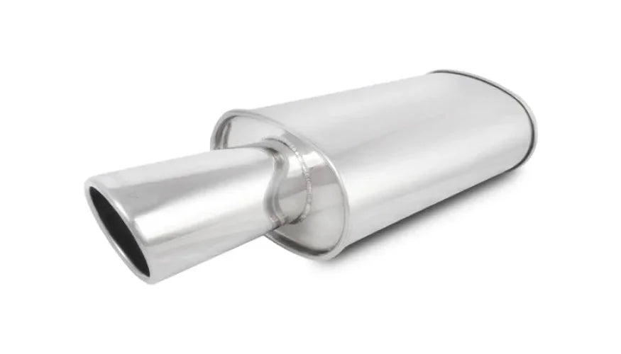 Vibrant StreetPower Turbo Oval Muffler with 4in Round Tip Angle Cut Rolled Edge - 3in inlet I.D. - Detail View