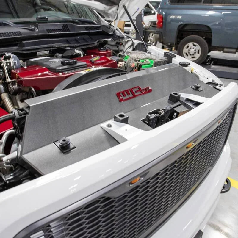 Wehrli 13-18 Cummins Fabricated Aluminum Radiator Cover - Gun Metal - Installation View