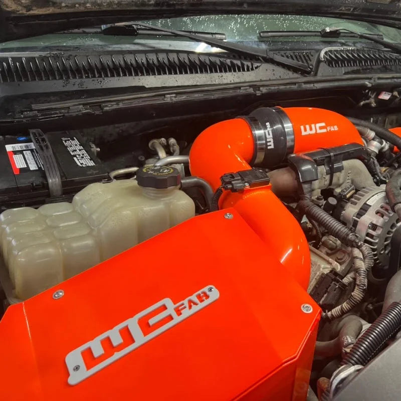 Wehrli 2004.5-2005 Chevrolet LLY Duramax 4in Intake Kit with Air Box Stage 2 - Chevy Orange - Installation View
