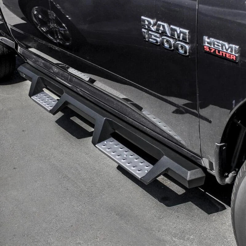 Westin 09-18 RAM 1500 Quad Cab HDX Stainless Drop Nerf Step Bars - Tex. Blk - Side View