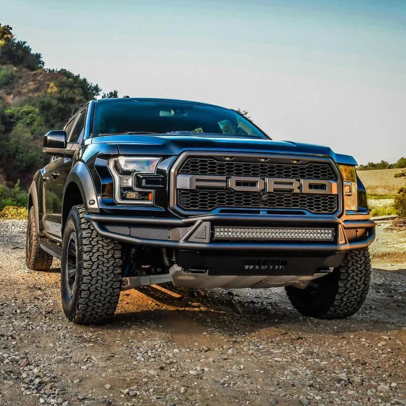 Westin 17-20 Ford F-150 Raptor Outlaw Front Bumper - Tex. Blk - Installation View