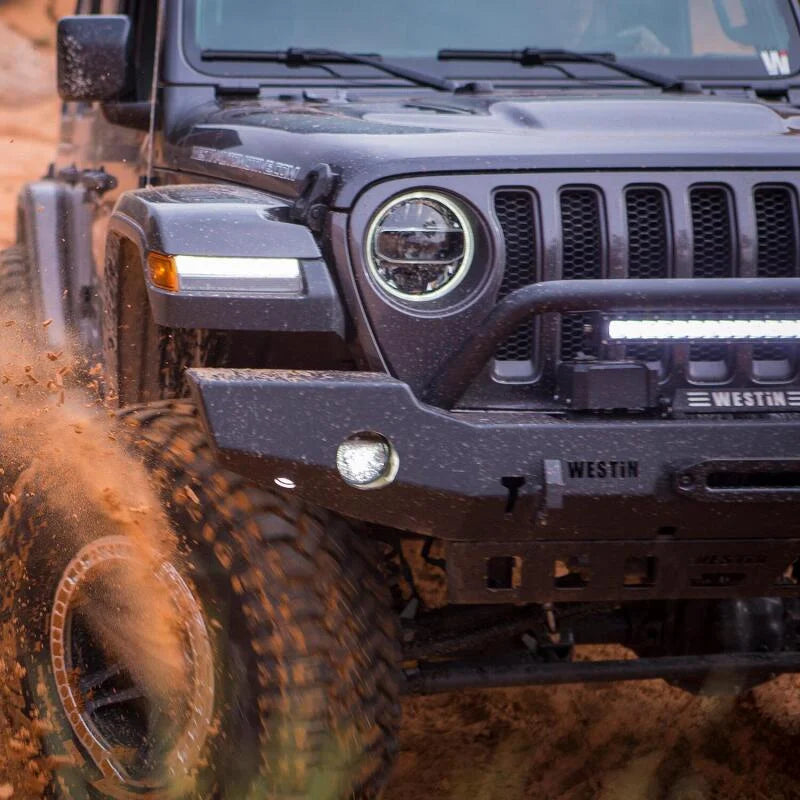 Westin 18-19 Jeep Wrangler JL WJ2 Full Width Front Bumper w/Bull Bar Textured Black - Back View