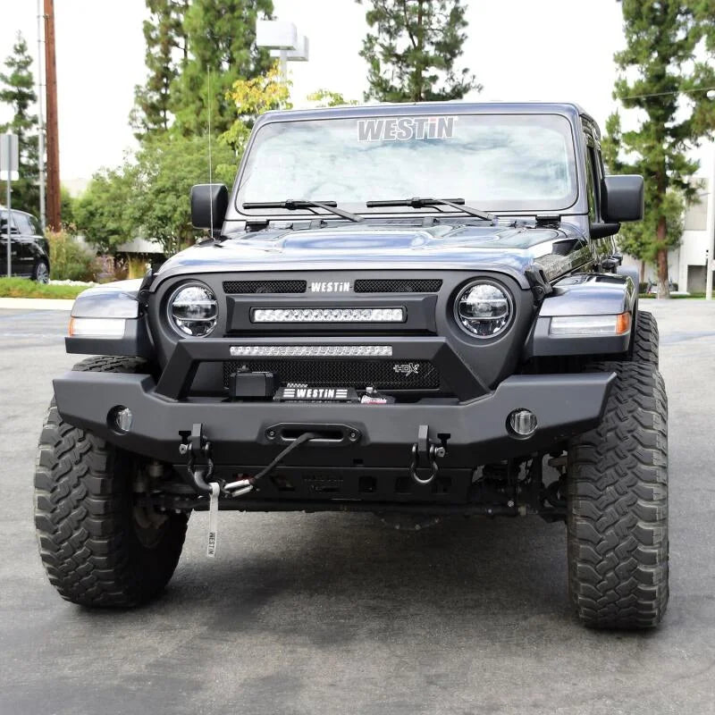 Westin 18-20 Jeep Wrangler WJ2 Full Width Front Bumper w/LED Light Bar Mount Textured Black - Back View