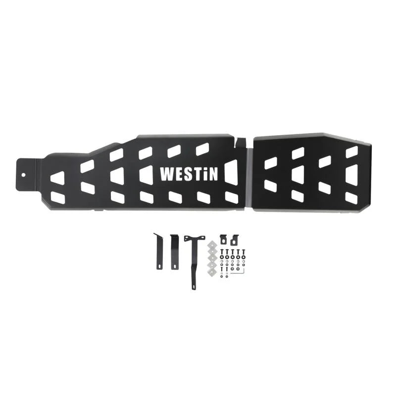 Westin 18-22 Jeep Wrangler JLU 4dr. (Excl. 4xe) Gas Tank Skid Plate - Tex. Blk - Installation View