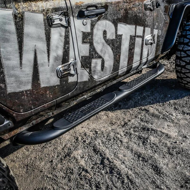Westin 18-22 Jeep Wrangler JLU 4dr Platinum 4 Oval Nerf Step Bars - Tex. Blk - Back View