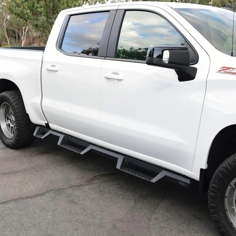 Westin 2019 Chevrolet Silverado/Sierra 1500 (5.5ft) Drop Wheel to Wheel Nerf Step Bars - Txt Black - Side View