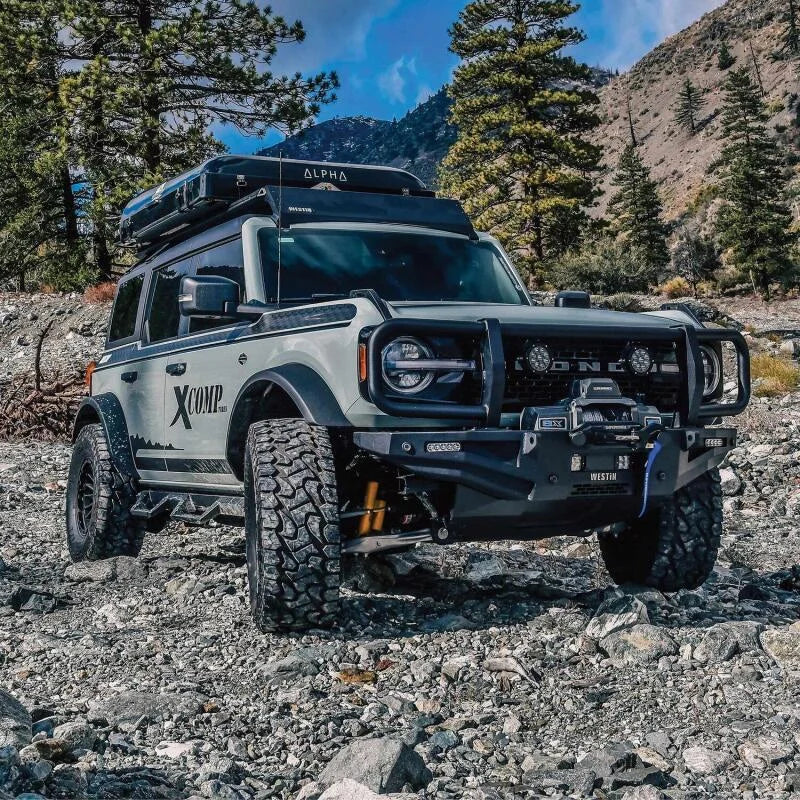 Westin 21-23 Ford Bronco (Excl. Bronco Sport) w/ XTS Front Bumper Brush Guard - Textured Black - Back View