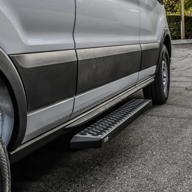 Westin Ford Transit Van 150/250/350 (Single 54in Pass Door) Grate Steps Running Boards - Tex. Blk - Installation View