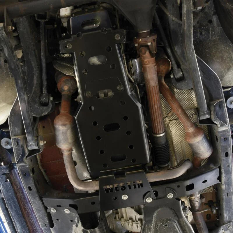Westin/Snyper 07-11 Jeep Wrangler Transmission Pan Skid Plate - Textured Black - Installation View