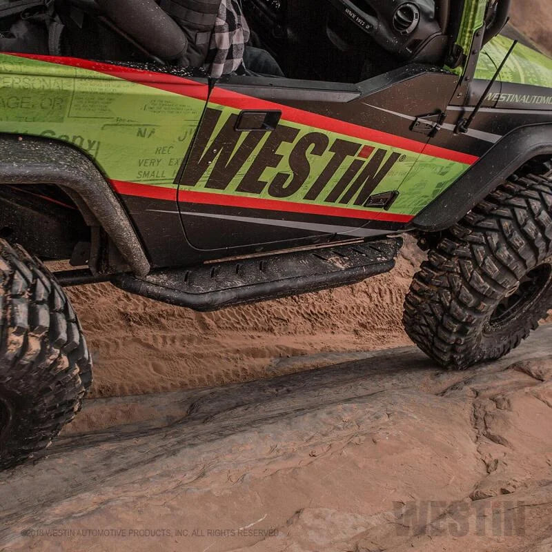 Westin/Snyper 07-17 Jeep Wrangler Triple Tube Rock Rail Steps - Textured Black - Installation View