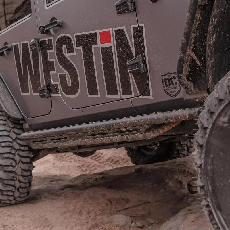 Westin/Snyper 07-17 Jeep Wrangler Unlimited Triple Tube Rock Rail Steps - Textured Black - Installation View