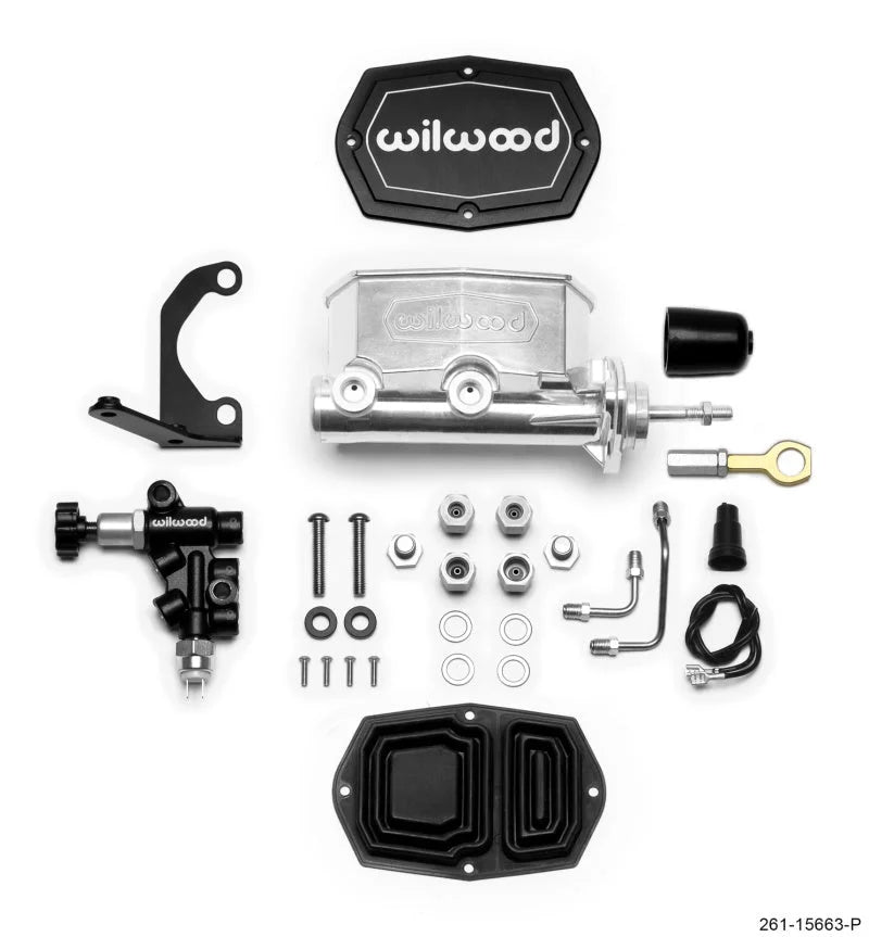 Wilwood Compact Tandem M/C - 7/8in Bore w/RH Bracket and Valve (Pushrod) - Ball Burnished fits Ford Mustang