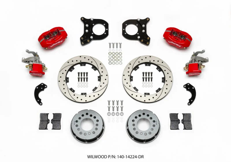 Wilwood Forged Dynalite P/S Rear Kit w/MC4 P-Brake Drill Red Chev 12 Bolt w/Clip Eliminator