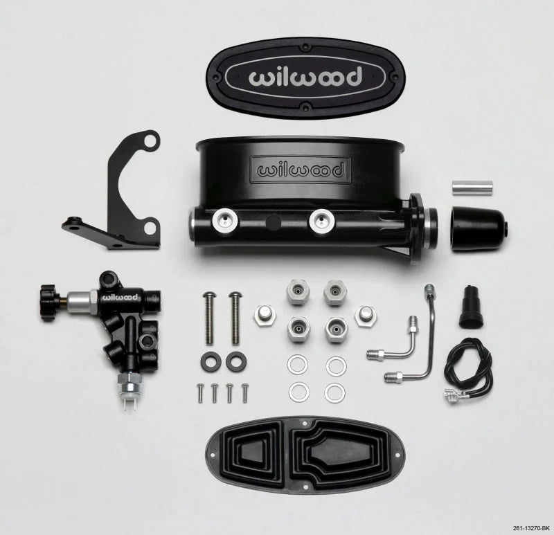 Wilwood HV Tandem M/C Kit w L/H Bracket & Prop Valve - 1 1/8in Bore Black - Side View