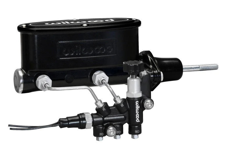 Wilwood HV Tandem M/C Kit w L/H Bracket & Prop Valve - 15/16in Bore Black-W/Pushrod - Side View