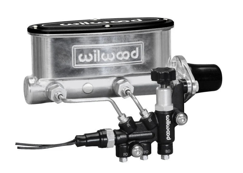 Wilwood HV Tandem M/C Kit w L/H Bracket & Prop Valve - 1in Bore Ball Burnished - Side View