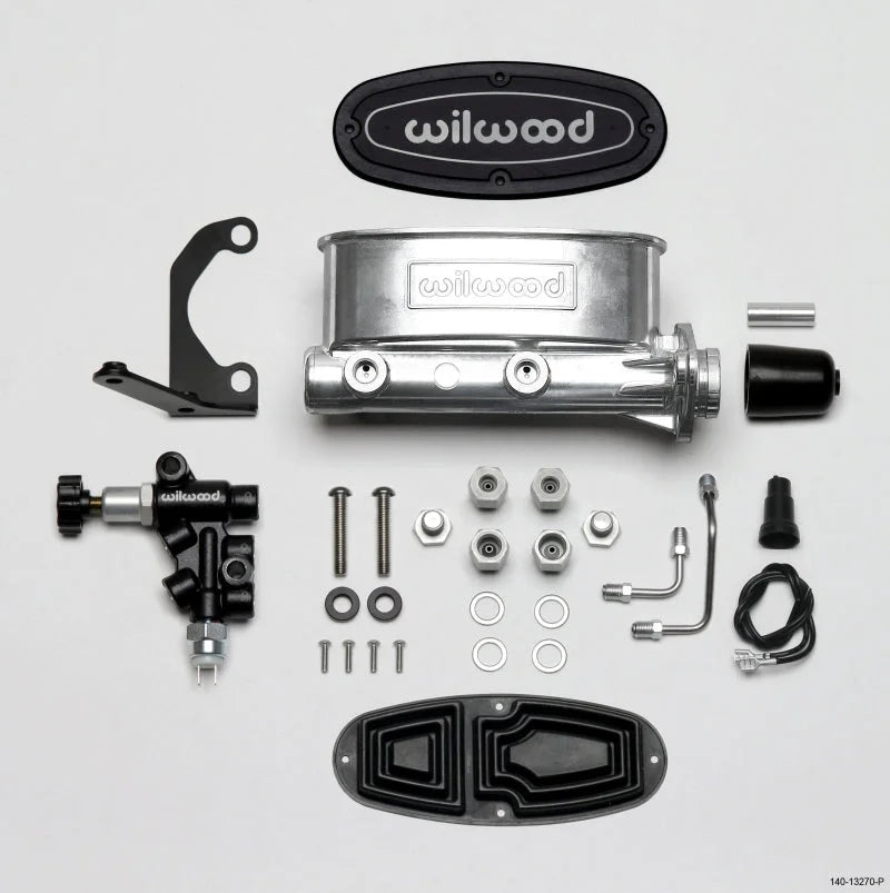 Wilwood HV Tandem M/C Kit w L/H Bracket & Prop Valve - 1 1/8in Bore Ball Burnished - Side View
