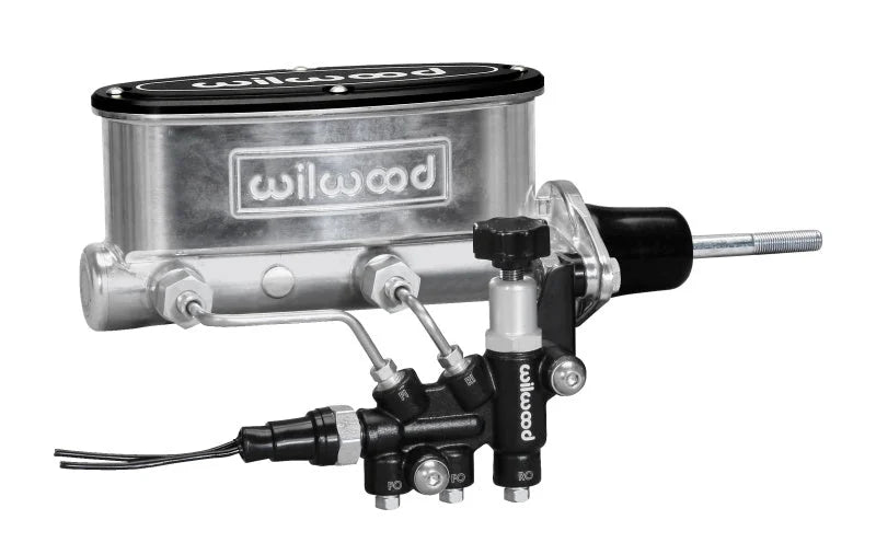 Wilwood HV Tandem M/C Kit w L/H Bracket & Prop Valve - 15/16in Bore Ball Burnished-W/Pushrod - Side View