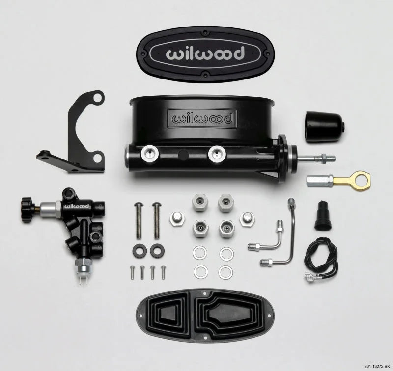 Wilwood HV Tandem M/C Kit w L/H Bracket & Prop Valve - 7/8in Bore Black-W/Push. - Early Mustang - Side View