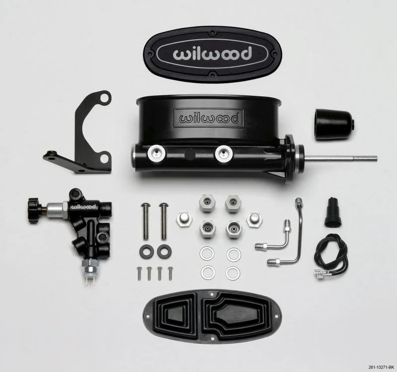 Wilwood HV Tandem M/C Kit w L/H Bracket & Prop Valve - 7/8in Bore Black-W/Pushrod - Side View