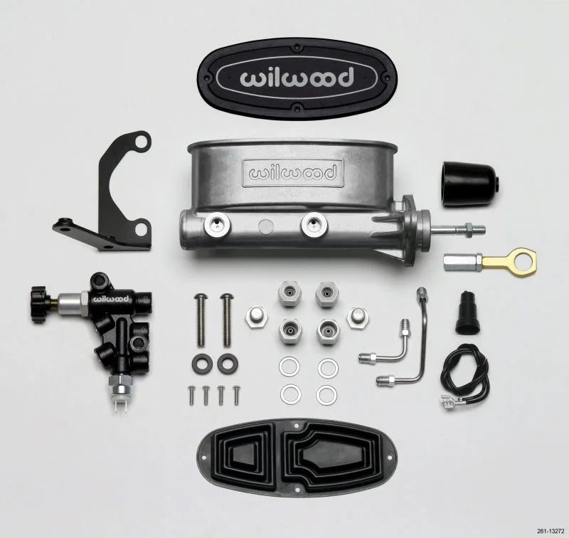Wilwood HV Tandem M/C Kit w L/H Bracket & Prop Valve - 7/8in Bore-W/Pushrod - Early Mustang - Side View
