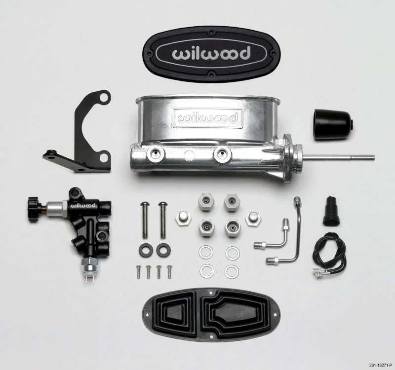 Wilwood HV Tandem M/C Kit w L/H Bracket & Prop Valve - 7/8in Bore Ball Burnished-W/Pushrod - Side View