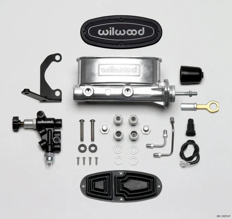 Wilwood HV Tandem M/C Kit w L/H Bracket & Prop Valve - 7/8in Bore Ball Burn.-W/Push - Side View