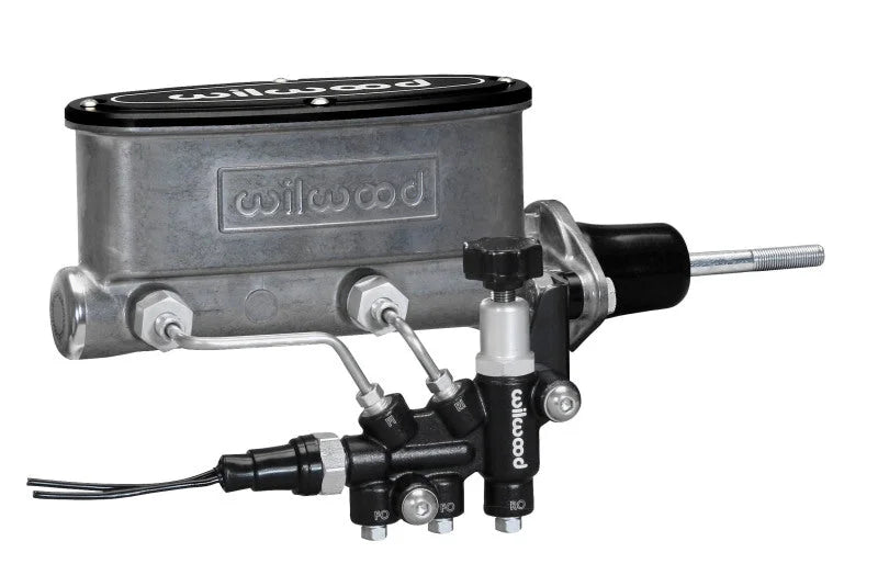 Wilwood HV Tandem M/C Kit w L/H Bracket & Prop Valve - 7/8in Bore-W/Pushrod - Side View