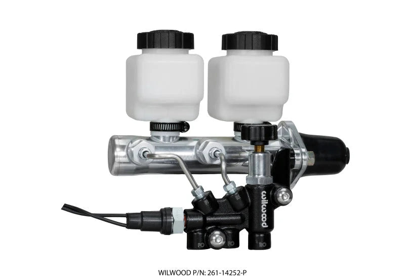 Wilwood Tandem Remote M/C Kit w L/H Bracket & Prop Valve - 1 1/8in Bore Ball Burnished - Side View