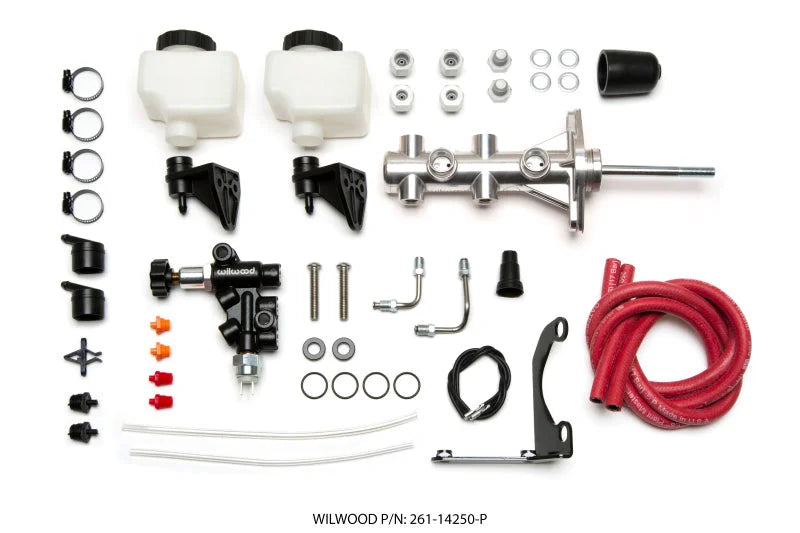 Wilwood Tandem Remote M/C Kit w L/H Bracket & Prop Valve - 15/16in Bore Ball Burnished-W/Pushrod - Side View