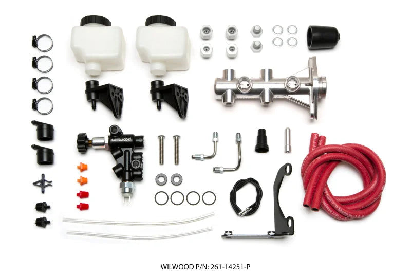 Wilwood Tandem Remote M/C Kit w L/H Bracket & Prop Valve - 1in Bore Ball Burnished - Side View