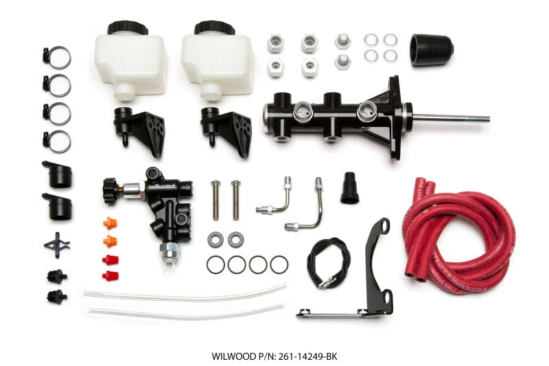 Wilwood Tandem Remote M/C Kit w L/H Bracket & Prop Valve - 7/8in Bore Black-W/Pushrod - Side View